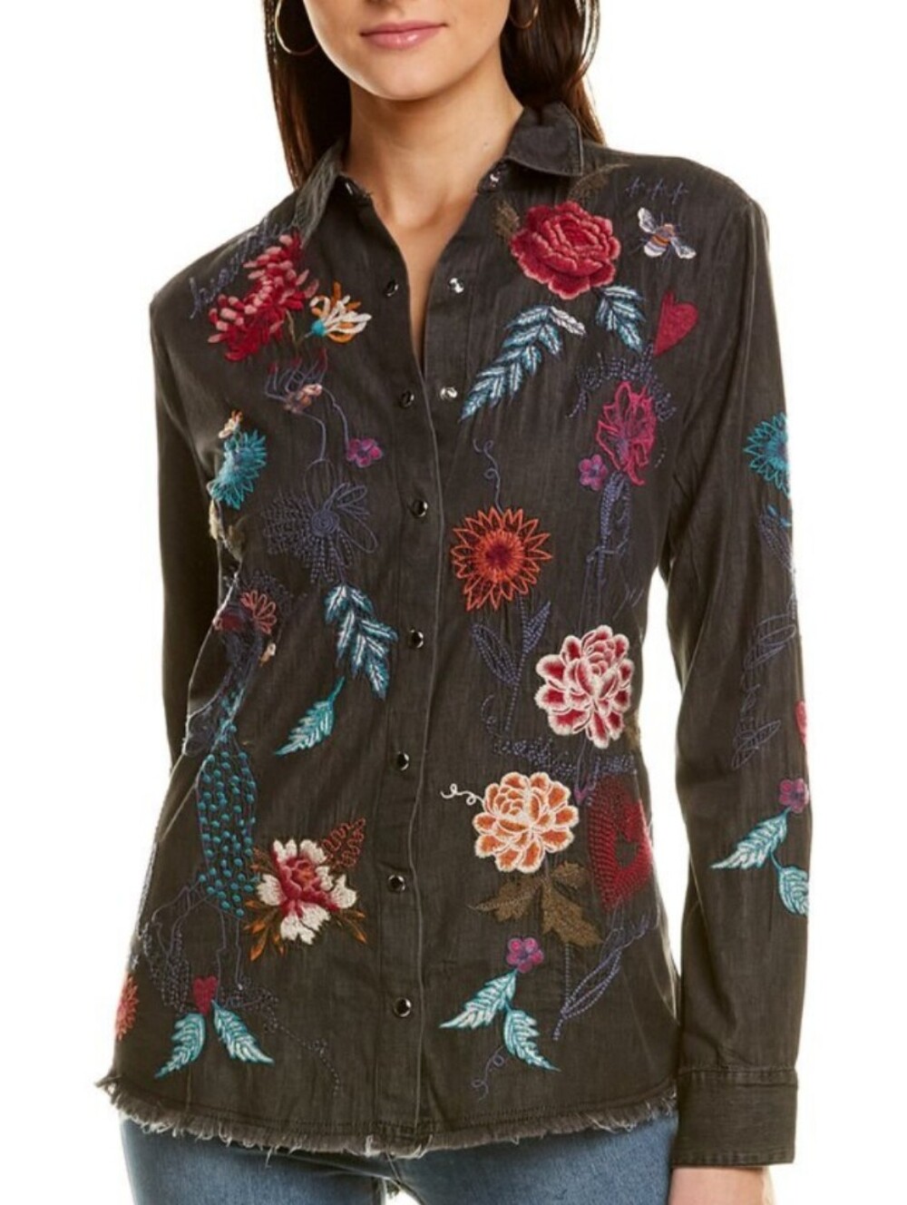 Johnny Was Black Button-Down Shirt with Multicolor Floral Embroidery Size XS EUC